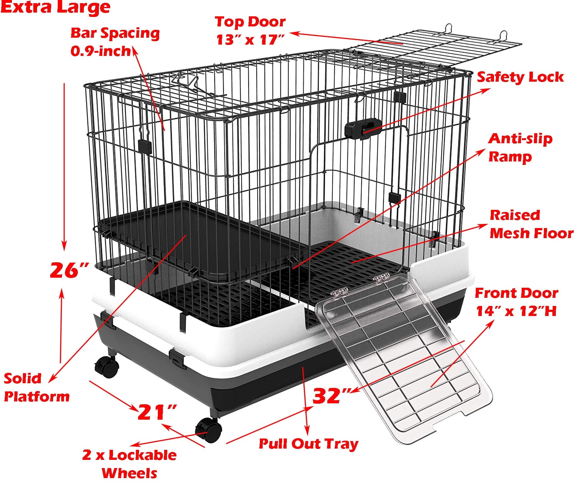 Large 2-Level Indoor Small Animal Pet Cage for Guinea Pig Ferret Chinchilla Cat Playpen Rabbit Hutch with Solid Platform and Ramp, Leakproof Litter Tray, 2 Large Access Doors, Lockable Casters