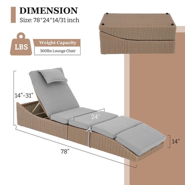 Patio Wicker Chaise Lounge Recliner Foldable Chair,w/ 5 Adjustable Back Positions and Cushion