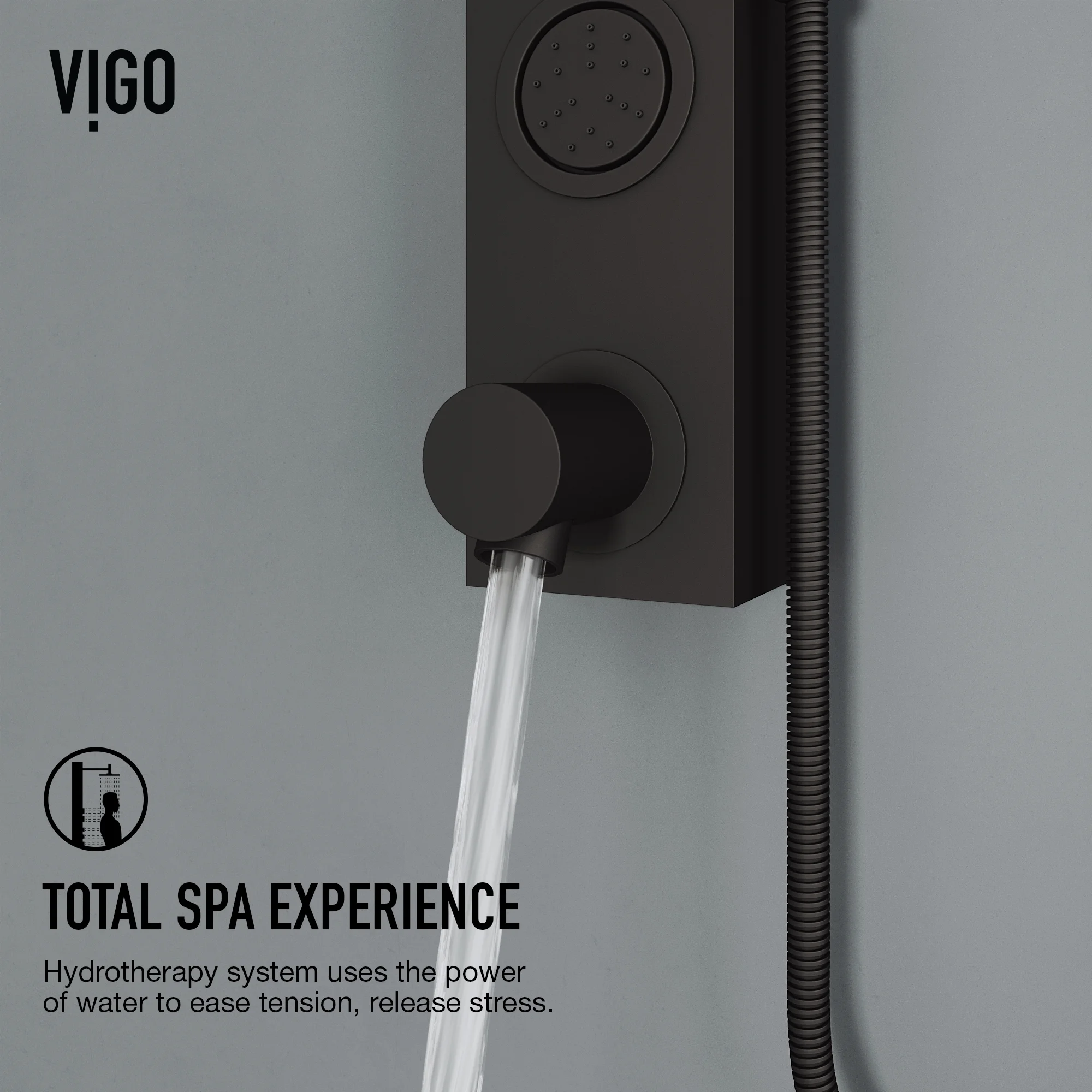 VIGO Bowery 58 in. H x 4 in. W 4-Jet Shower Panel System with Round Shower Head, Tub Filler and Hand Shower in Matte Black