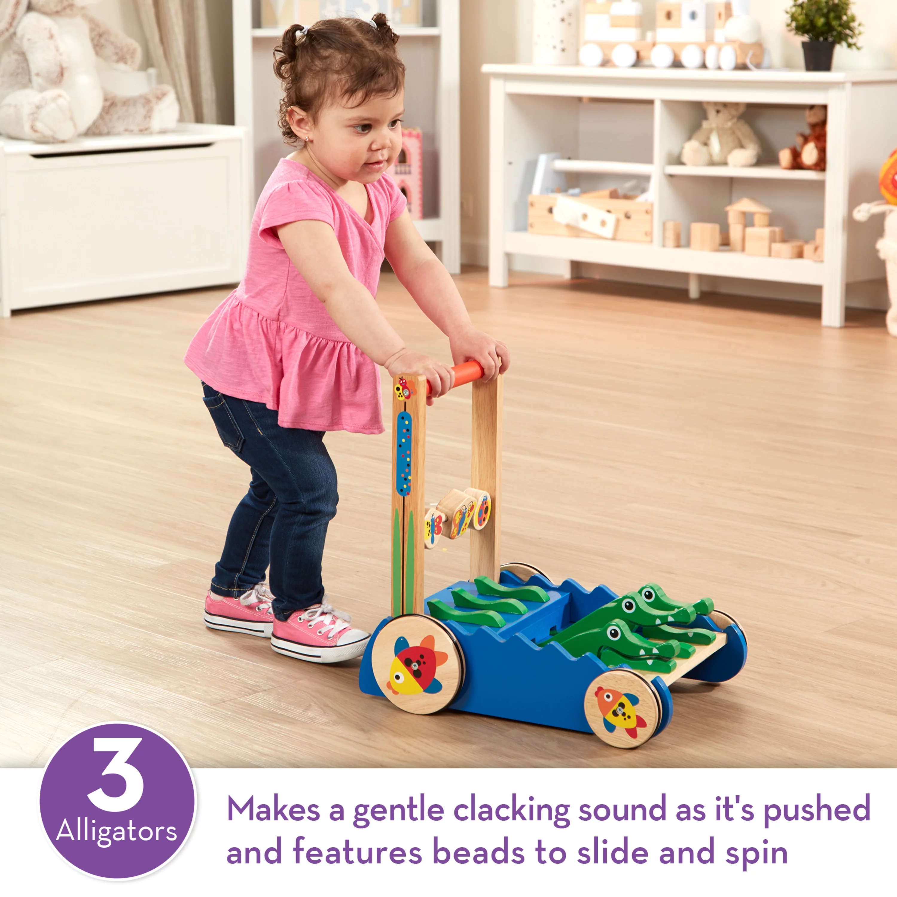 Deluxe Chomp and Clack Alligator Wooden Push Toy and Activity Walker
