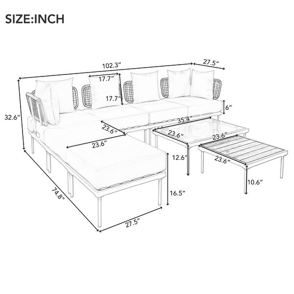 8Piece Patio Sectional Sofa Set with Tempered Glass Coffee Table and Wooden Coffee Table