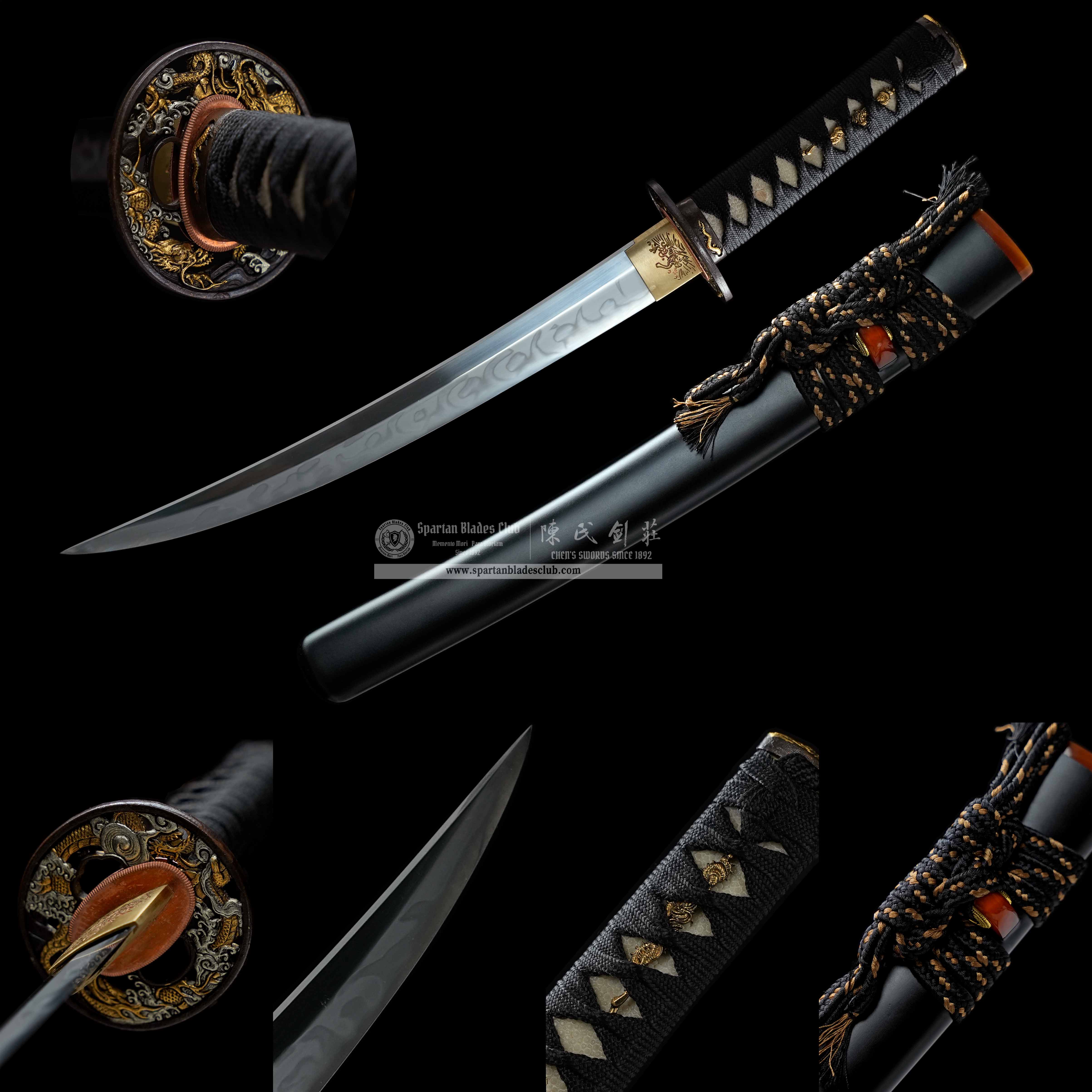 HY204 | Ryuuseki | Tanto | T10 Clay-tempered Real Hamon | Loong (Chinese Dragon) | Inlaid Buffalo Horn Kojiri | Black | Battle-Ready | Full-tang | Spartan Blades Club (陳氏劍莊 CHEN'S SWORDS 1892) - Spartan Blades Club - 陳氏劍莊1892