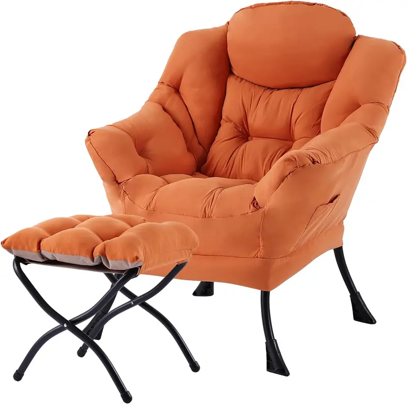 Welnow Modern Lazy Chair with Ottoman – Compact Accent Armchair Featuring Side Pocket and Footrest