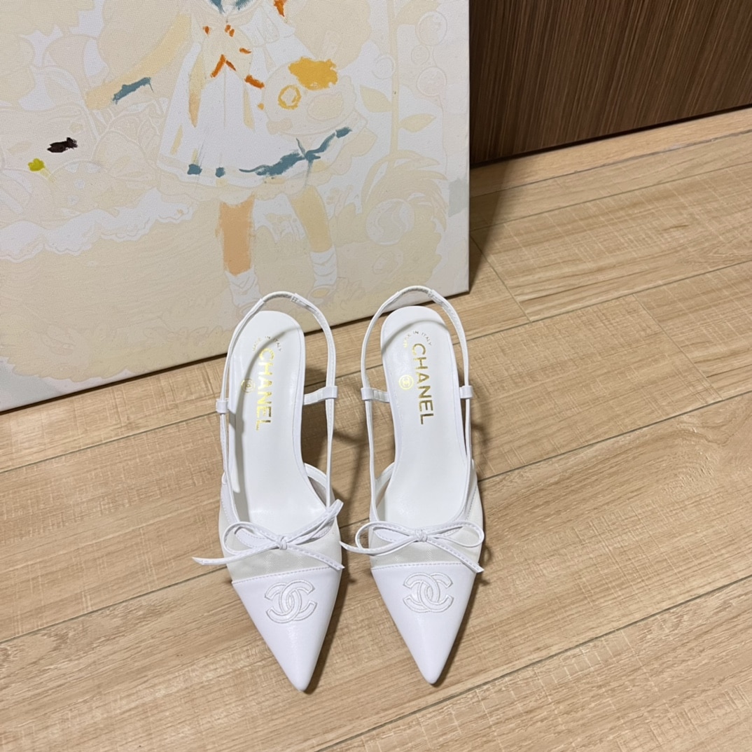 Chanel Cc Leather Pointy Toe Pumps Slingbacks Sandals White