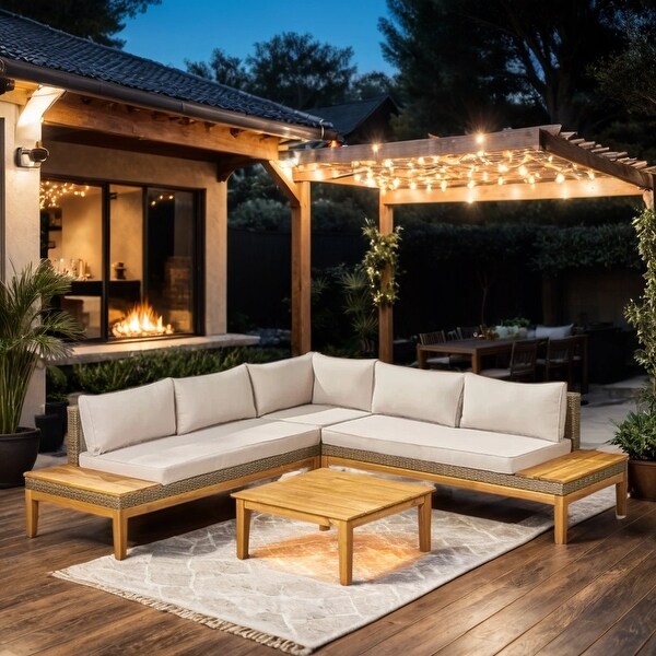 Lshaped Outdoor Acacia Wood Sofa Conversation Set and Wicker 5 Seater Sectional Sofa Set,Grey