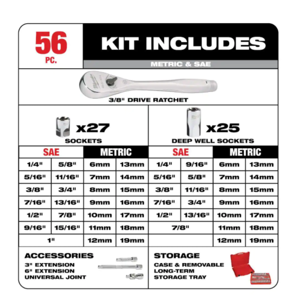 48-22-9008 3/8 in. Drive SAE/Metric Ratchet and Socket Mechanics Tool Set (56-Piece)