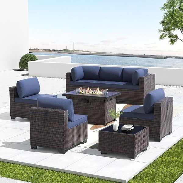 8 Pieces Outdoor Patio Furniture Set,All Weather PE Wicker Sectional Conversion Sofa set w/ Firepit Table