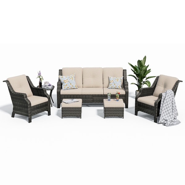 Cozywor 6Piece Outdoor Patio Rattan Wicker Chairs with Side Table and Two Ottomans for Backyard Porch Deck,Metal Rocking Frame
