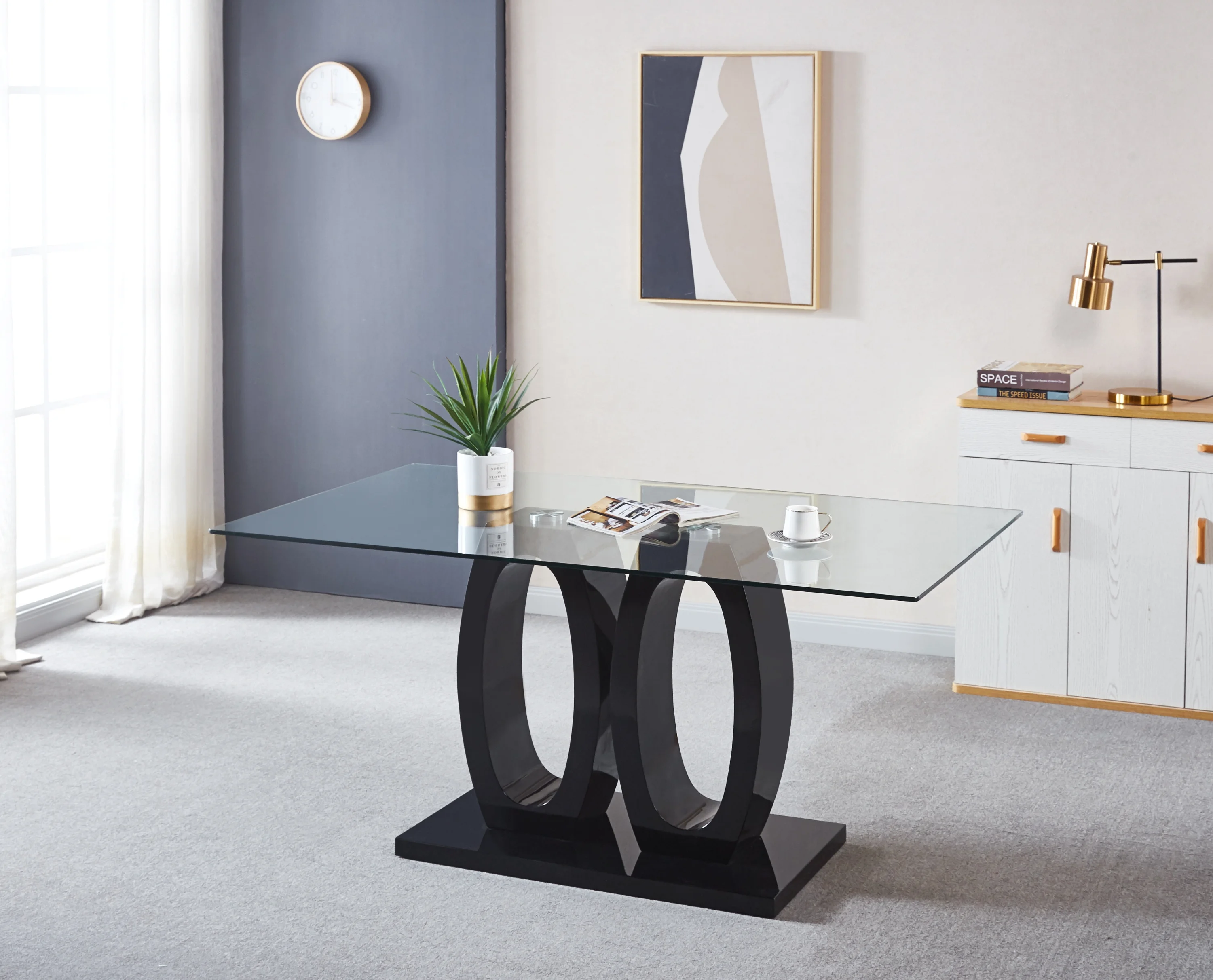 MAICOSY Contemporary Tempered Glass Top Double Pedestal Dining Table - Black