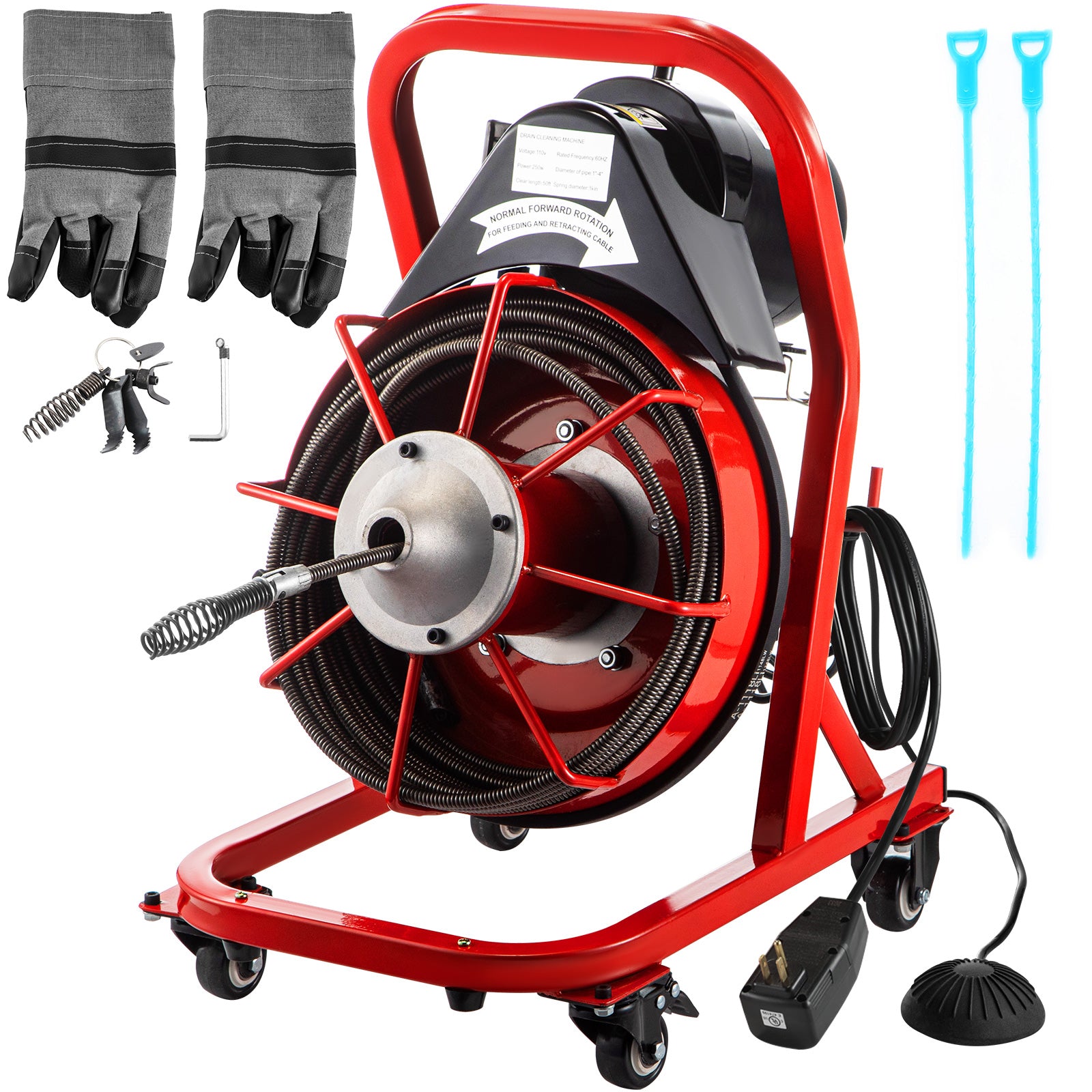 Vevor Drain Cleaner Machine Drain Auger 75 Ft X 1/2 In Cable W/wheels