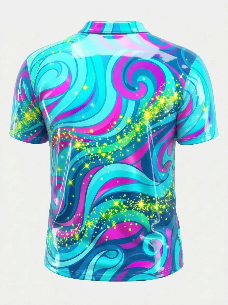 Moisture Wicking Golf Polo 3D Blue Pink Wave Glitter Button Short Sleeve Golf Polo Shirt