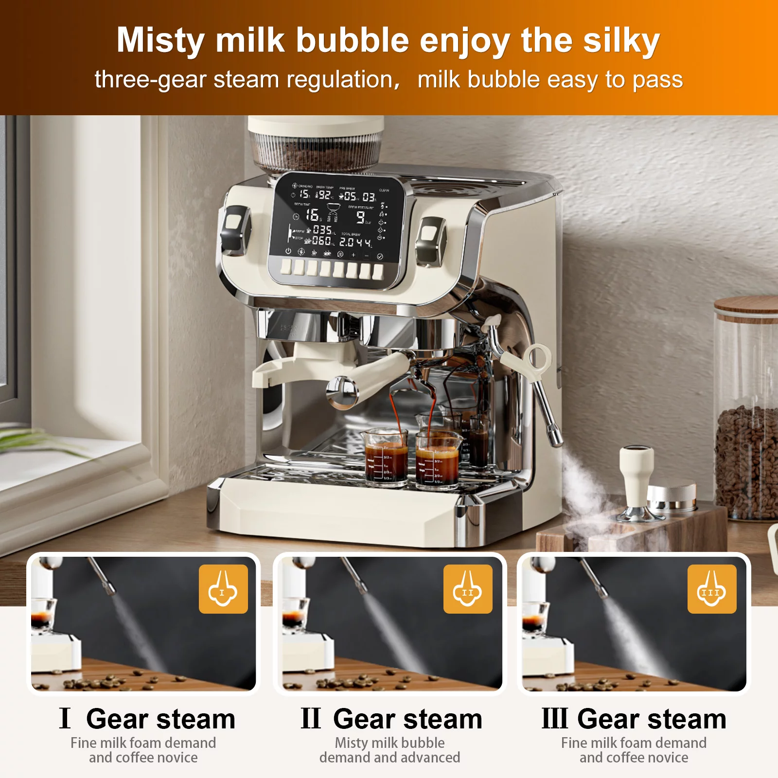 Mcilpoog Espresso Machine with Milk Frother，Semi Automatic Coffee Machine with Grinder,Easy To Use Espresso Coffee Maker with 6 inch Large Screen,15 Bar Pressure Pump,PID Temperature Control.（TC520）