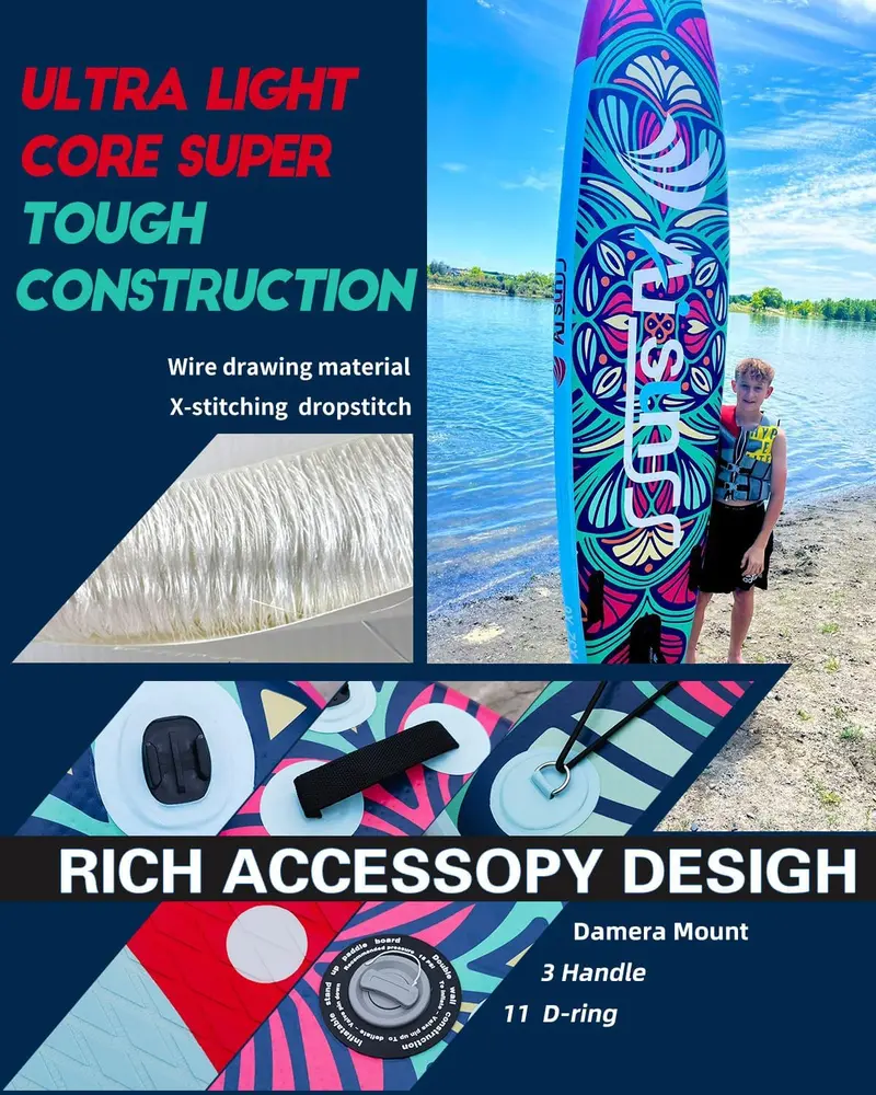Wide-Deck Inflatable SUP Board Bundle – Includes Carry Bag, Hand Pump, Waterproof Dry Bag & Adjustable Paddle