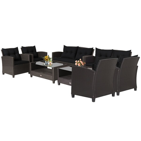 Costway 8 PCS Patio Rattan Furniture Set Glass Table Shelf Sofa