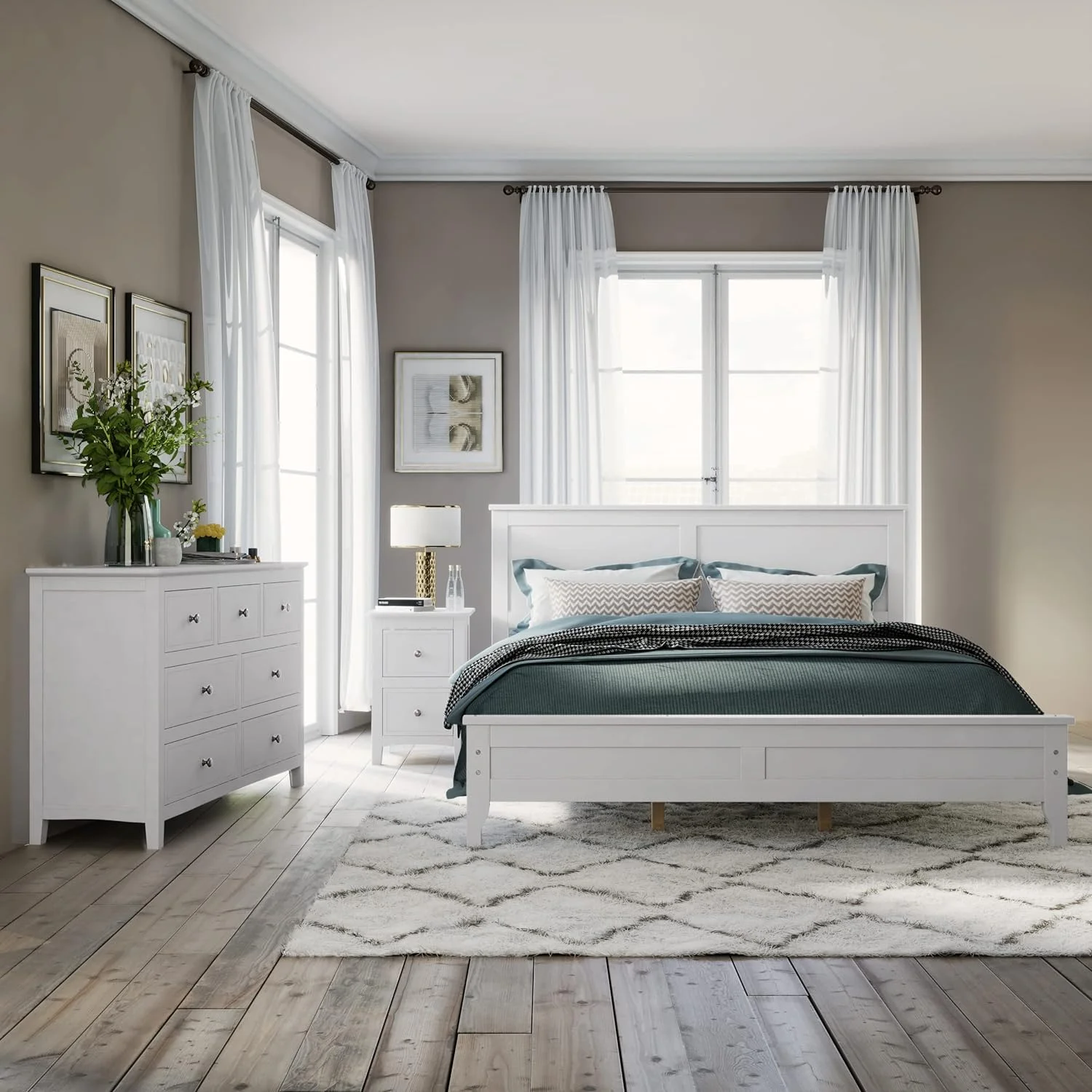 Bedroom Sets, 3 Pieces Bedroom Sets With Queen Size Bed, Nightstand End Table And Dresser, Wood Bedroom Furniture Set (White_Queen, 3 Piece)