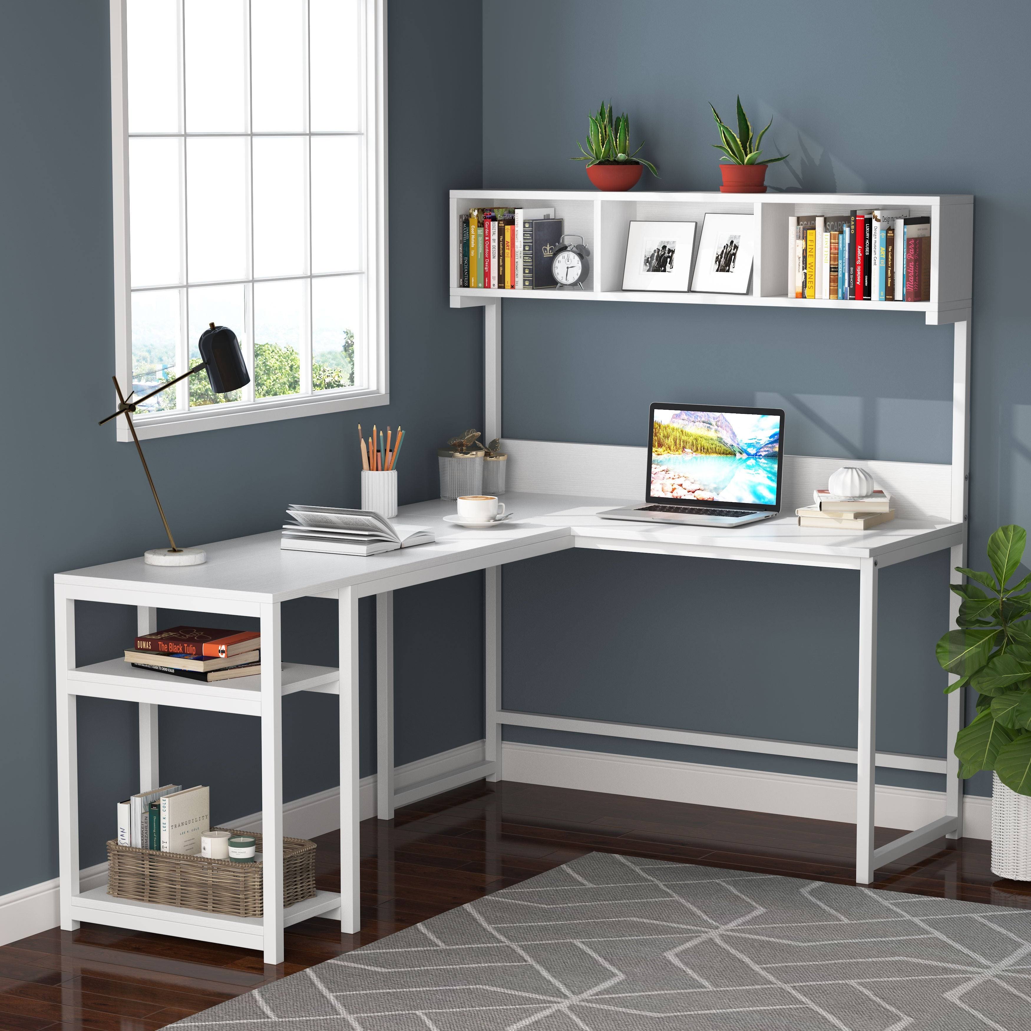 LShaped Computer Desk with Hutch Shelves, Writing Desk - Brown