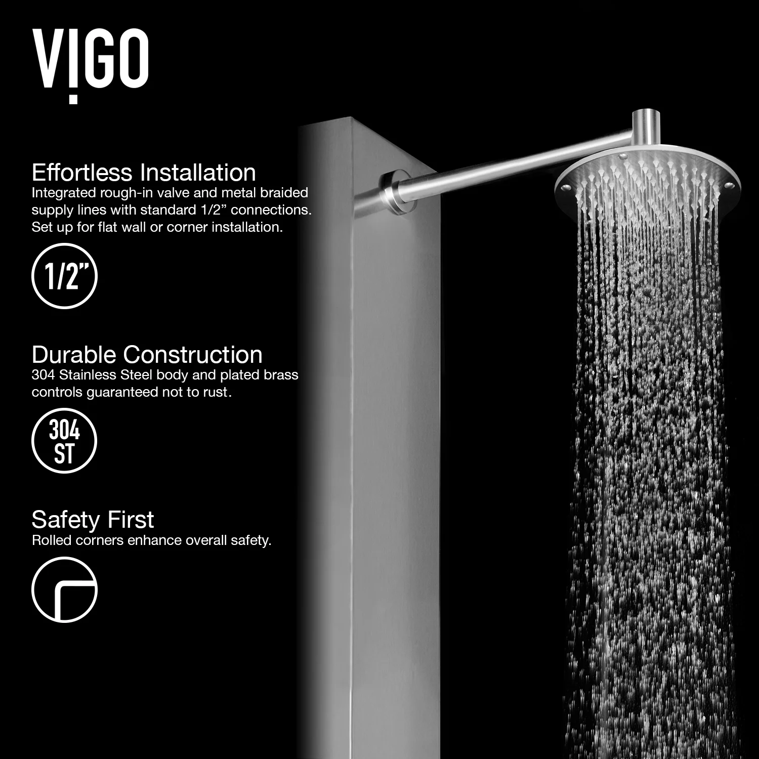 VIGO Dilana 67 in. H x 6 in. W 6-Jet Shower Panel System with Adjustable Round Head and Hand Shower Wand in Stainless Steel