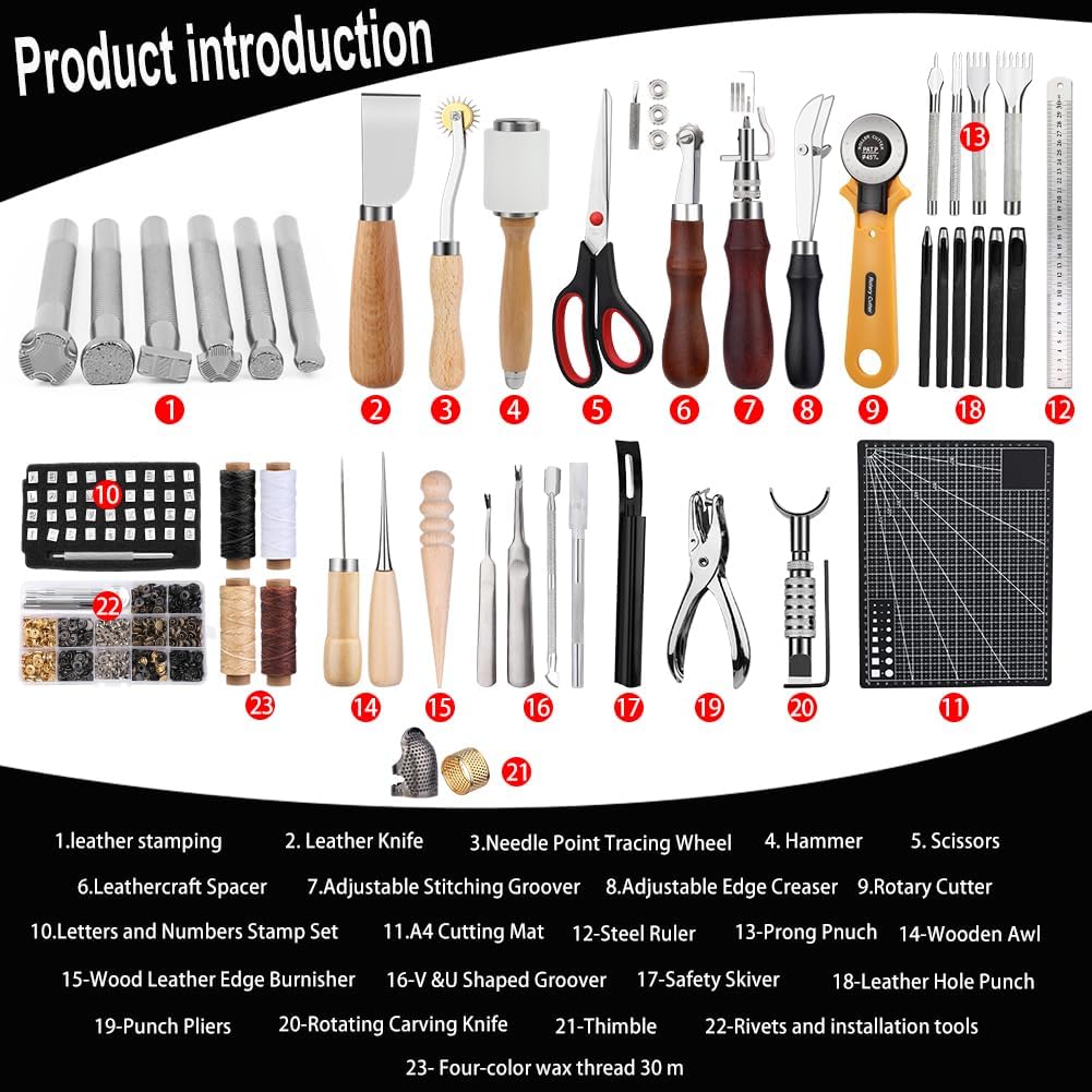 Leather Tooling Kit Leather Craft Tools Leather Working Kit with Custom Handbag Cutting Mats Engraving Punching Sewing Stamping Sanding Tools Leather Tools for Leather Working Professional