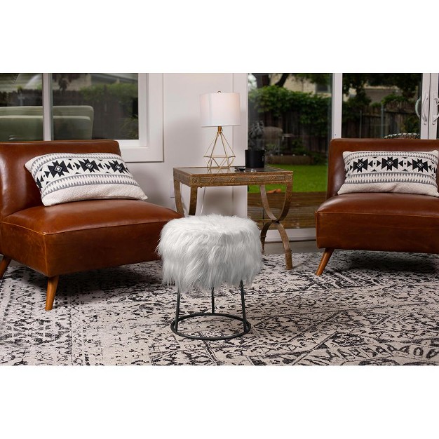 Birdrock Home Round Grey Faux Fur Foot Stool Storage Ottoman With Black Legs