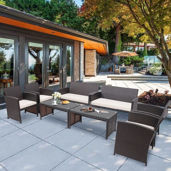 Costway 8PCS Patio Rattan Furniture Set Cushioned Chair Sofa Coffee