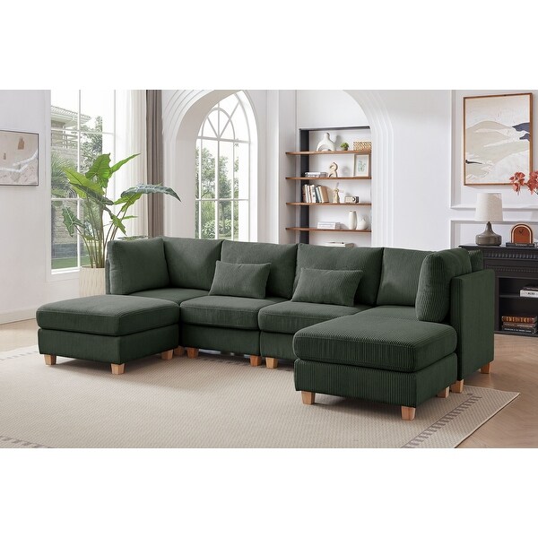 4Seater Combination Corduroy Sofa,LandUShaped Sofa With 2 Footrests