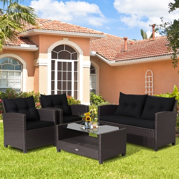 Costway 4 PCS Patio Rattan Furniture Set Glass Table Shelf Sofa