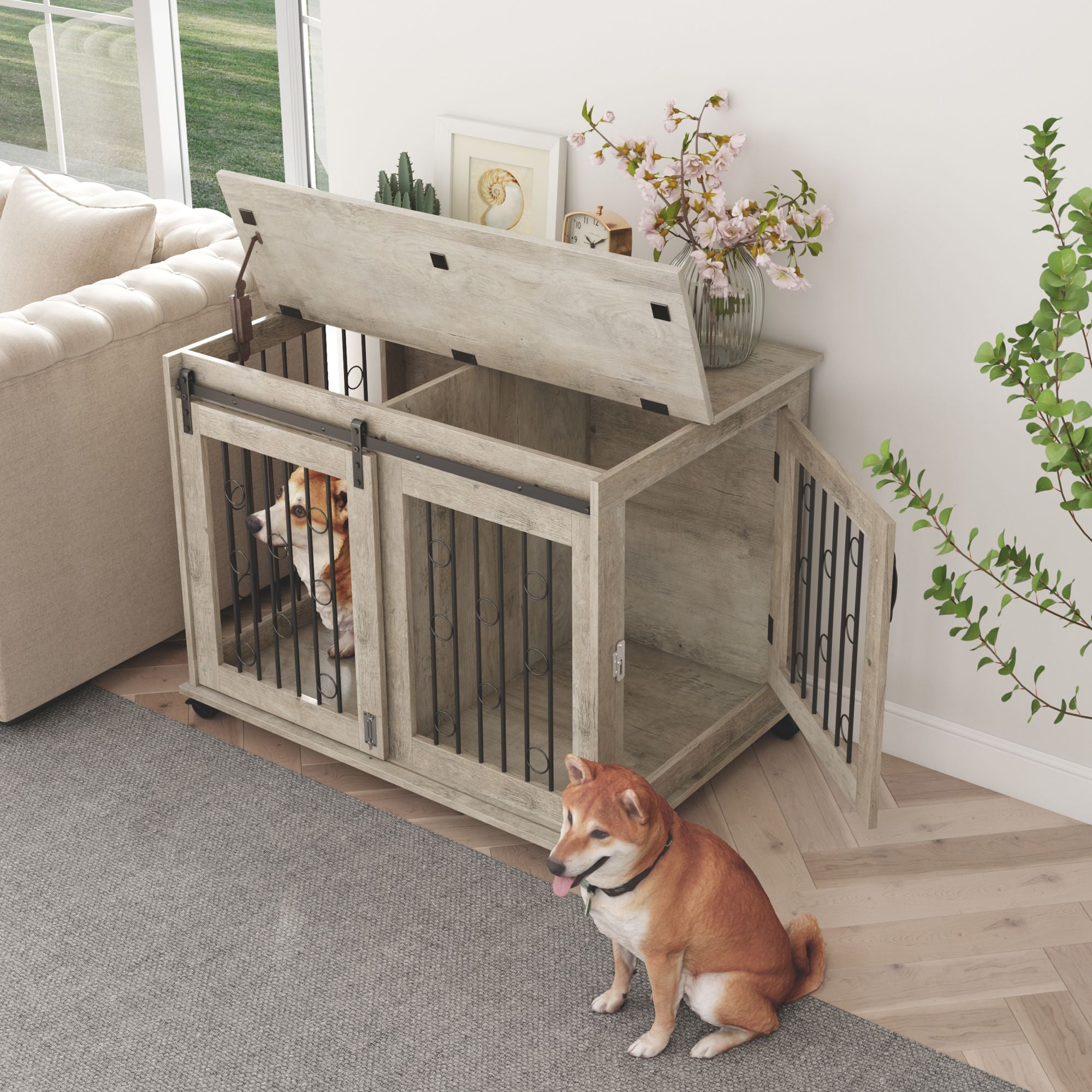Ouyessir Dog Crate, Large Dog Kennel Furniture Indoor,Chew-Resistant Natural Wood Dog House,Gray