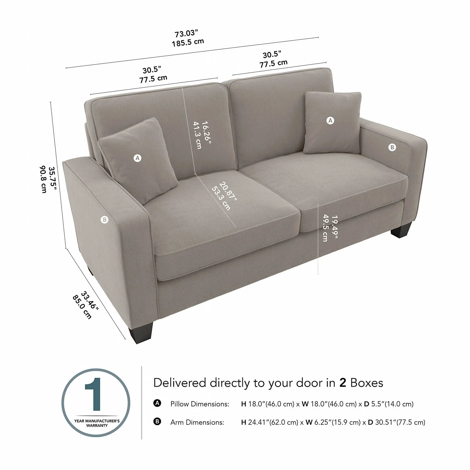 Stockton 73W Sofa in Beige Herringbone Fabric