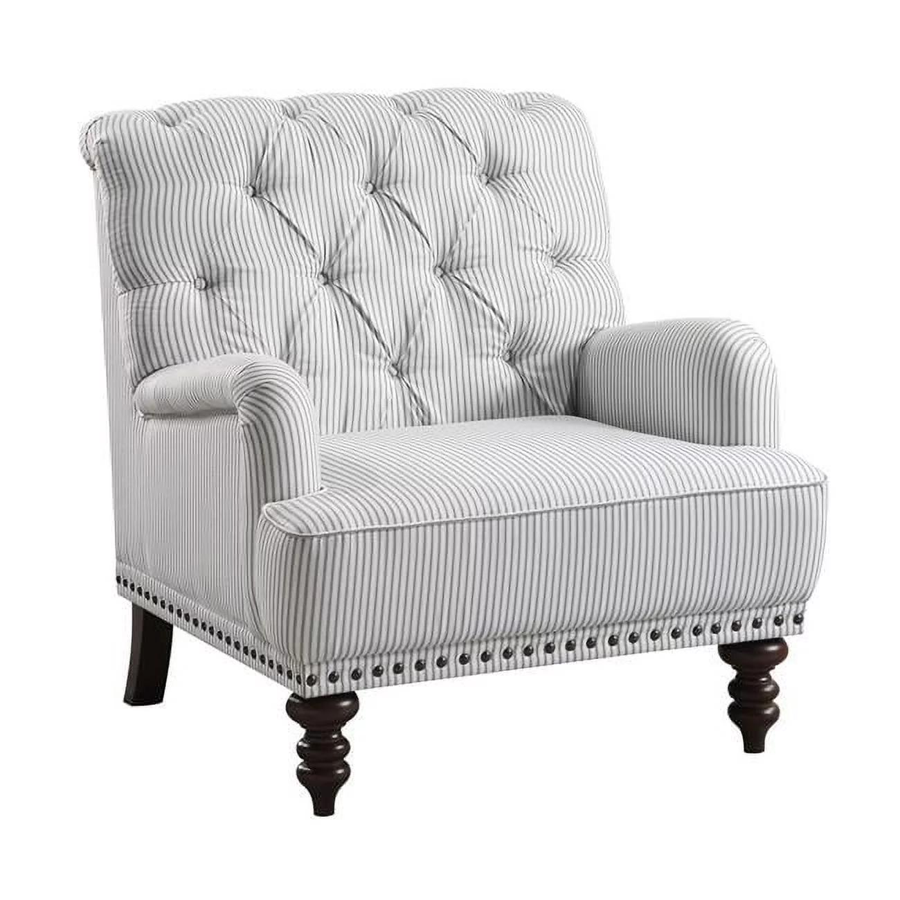 Benjara BM300943 34 in. Parry Tufted Striped Fabric & Turned Legs Accent Chair, Gray, White & Brown