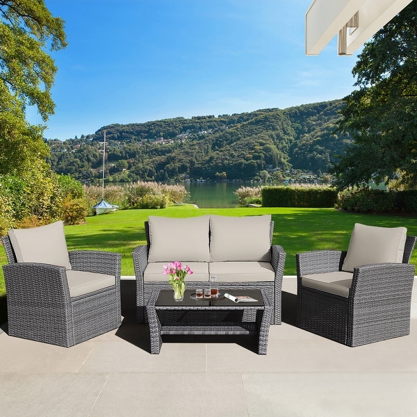 Gymax 4PCS Patio Rattan Conversation Set Outdoor Furniture Set w/