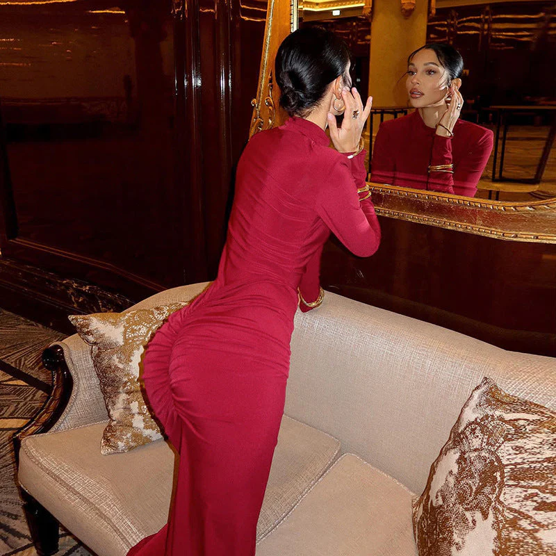 Mermaid High Neck Long Sleeve Satin Maxi DressClistos