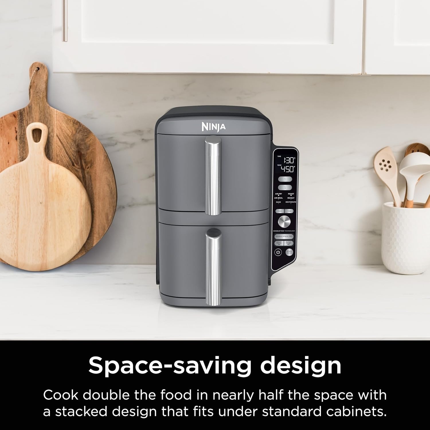 10QT DoubleStack 2-Basket Air Fryer, 4-Food Cooking, Smart Finish, Space-Saving Design, Grey