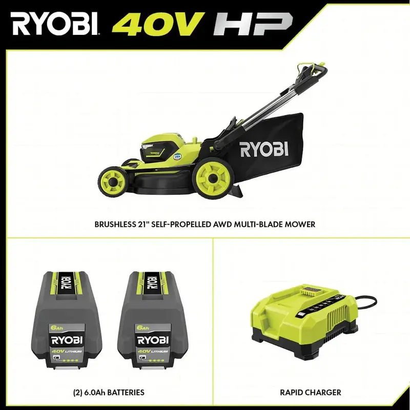 Ryobi 40V HP Brushless 21-Inch AWD Self-Propelled Lawn Mower – Whisper Series with Dual 6.0Ah Batteries & Charger