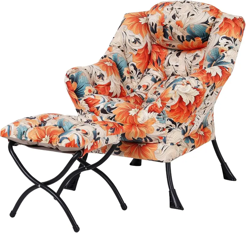 Welnow Modern Lazy Chair with Ottoman – Compact Accent Armchair Featuring Side Pocket and Footrest