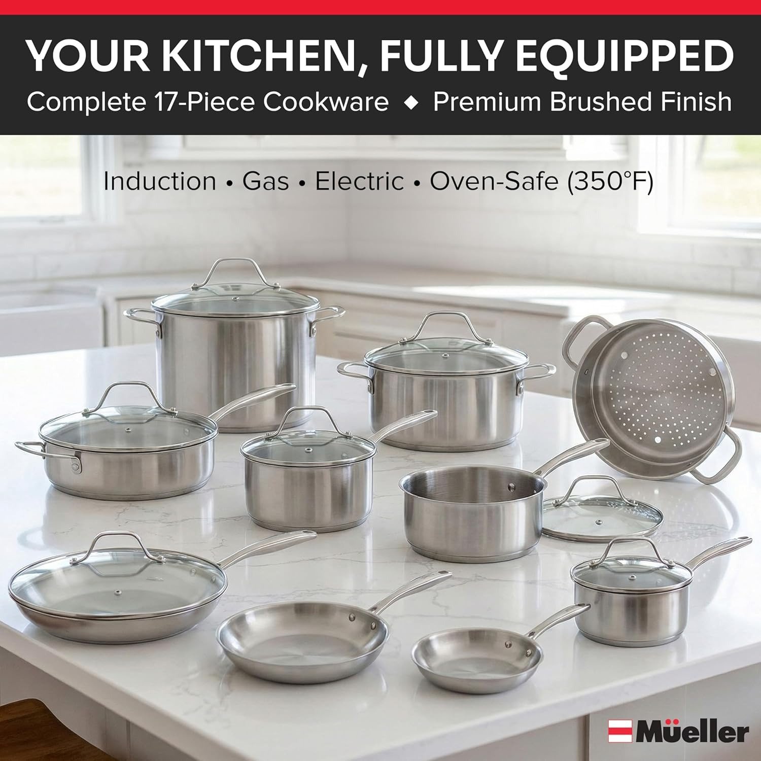 17-Piece Tri-Ply Stainless Steel Cookware Set Induction Ready Oven Safe 360°F Silver