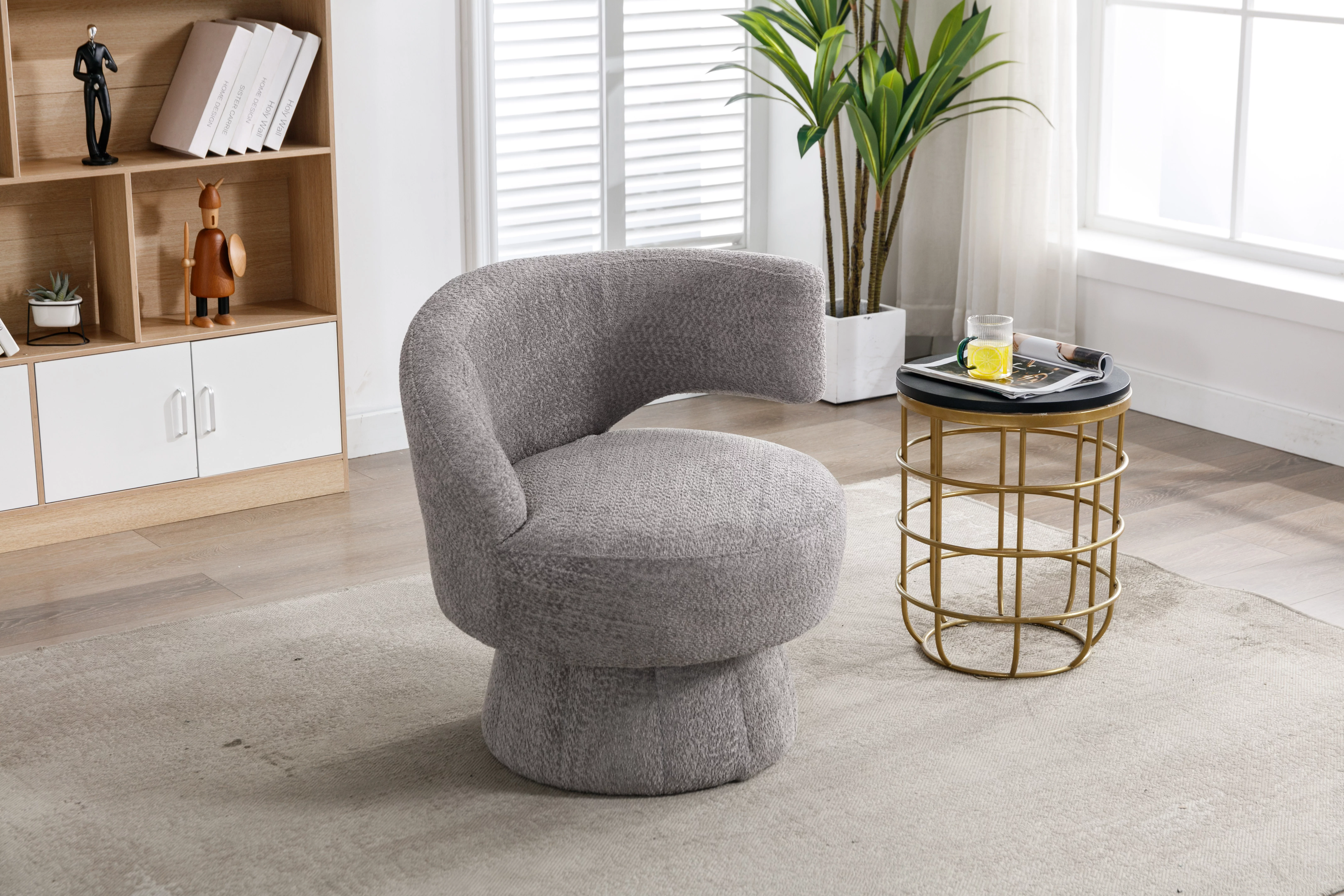 Momspeace 360 Degree Swivel Cuddle Barrel Accent Chairs, Round Armchairs with Wide Upholstered, Fluffy Fabric Chair for Living Room, Bedroom, Office, Waiting Rooms-Gray