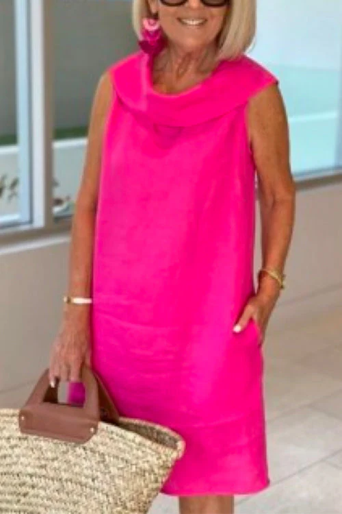 Cotton Linen Cowl Neck Sleeveless Shift DressClistos