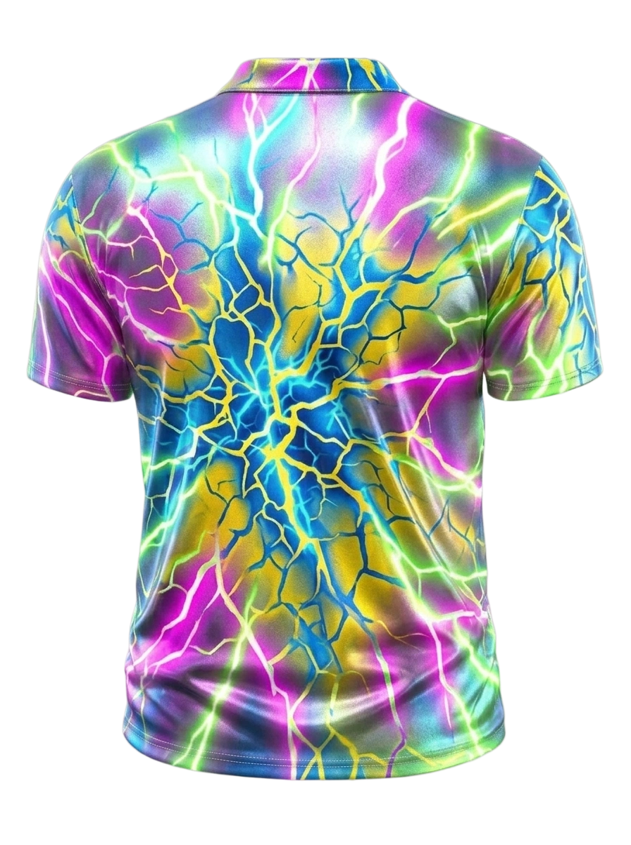 Moisture Wicking Golf Polo 3D Multicolor Cracked Lightning Button Short Sleeve Golf Polo Shirt