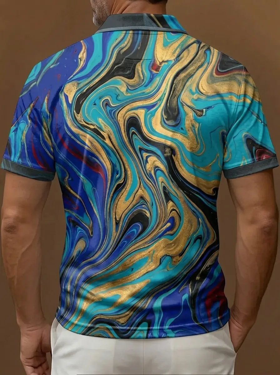 Blue Turquoise Gold Marble Print Short Sleeve Golf Polo Shirt