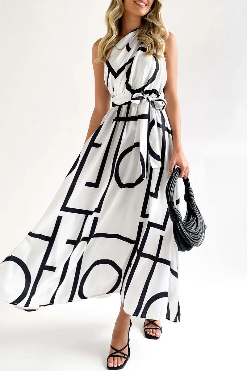Geometric Print Asymmetrical Neck Maxi DressClistos