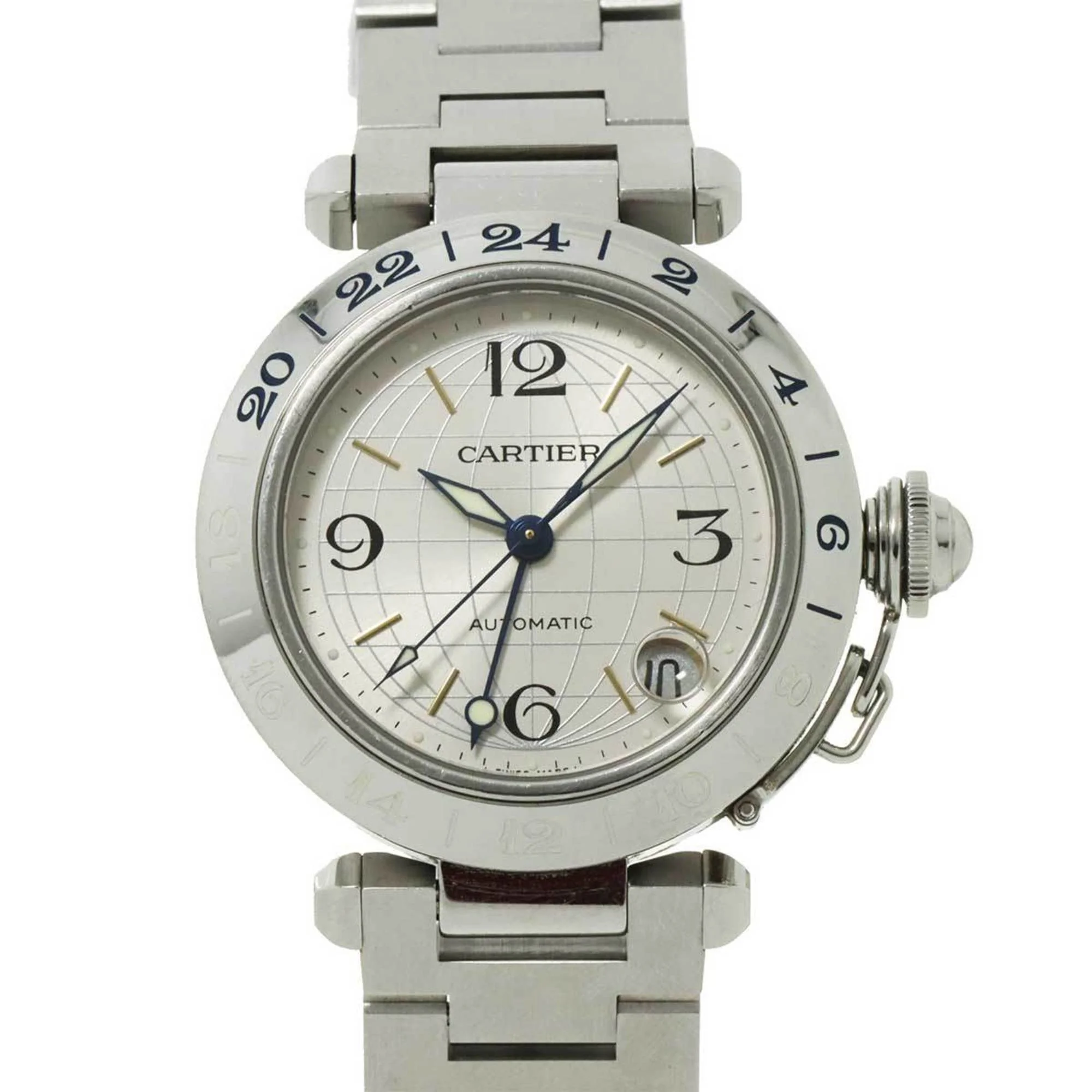 Pre-Owned Cartier Pasha C Meridian GMT W31029M7 Boys Watch Date Silver Dial Automatic (Good)