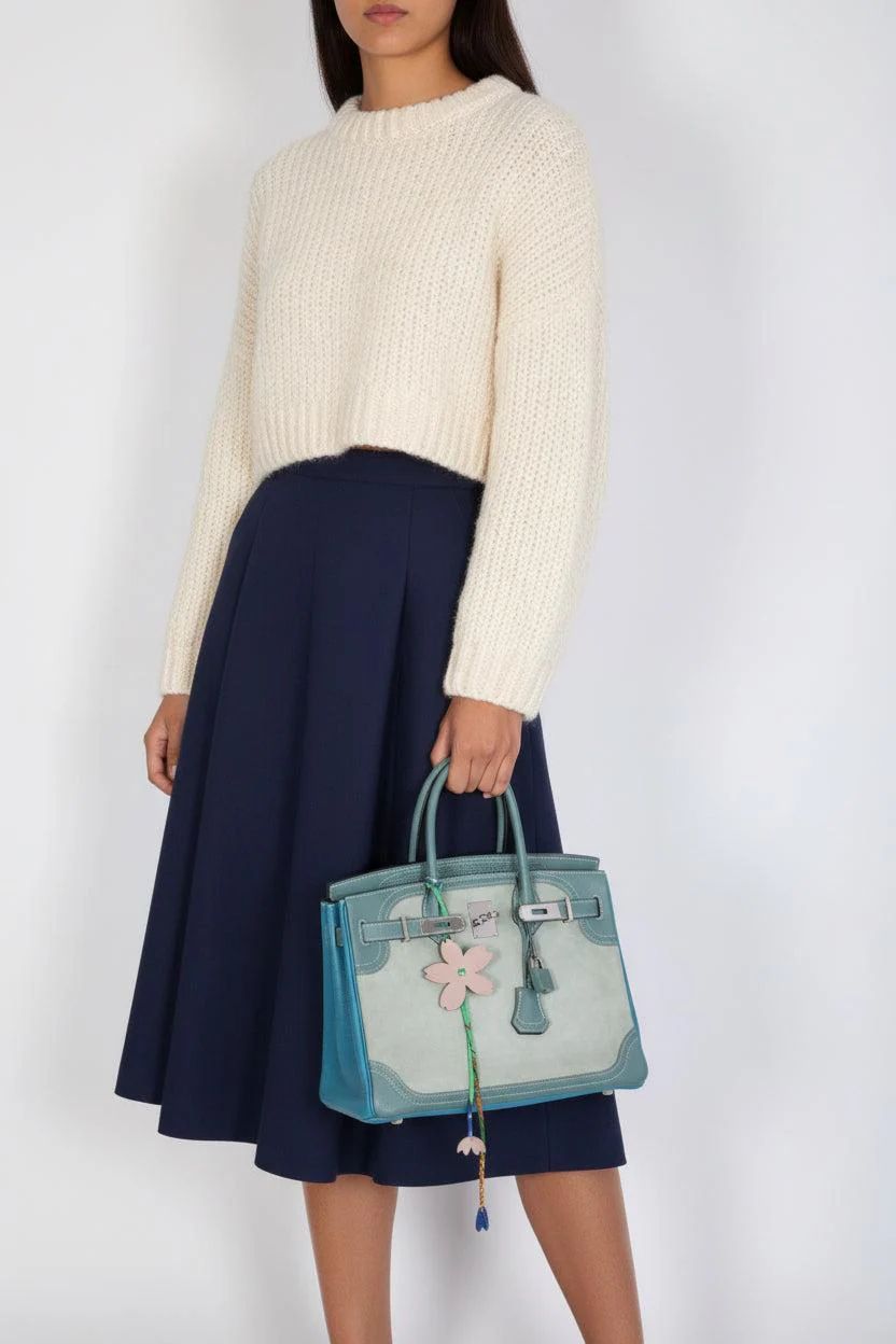 Hermès Birkin 30 Grizzly Ghillies Gris Perle Doblis, Ciel Evercolor & Turquoise Clémence Palladium Hardware