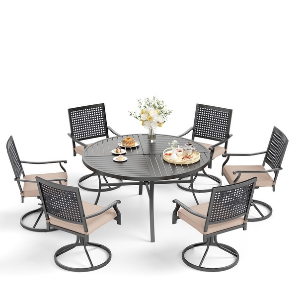 7Piece Patio Dining Set ,Large Round Dining Table with Umbrella Hole and Metal Swivel Dining Chairs