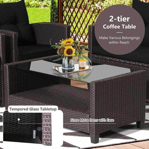 Costway 4 PCS Patio Rattan Furniture Set Glass Table Shelf Sofa