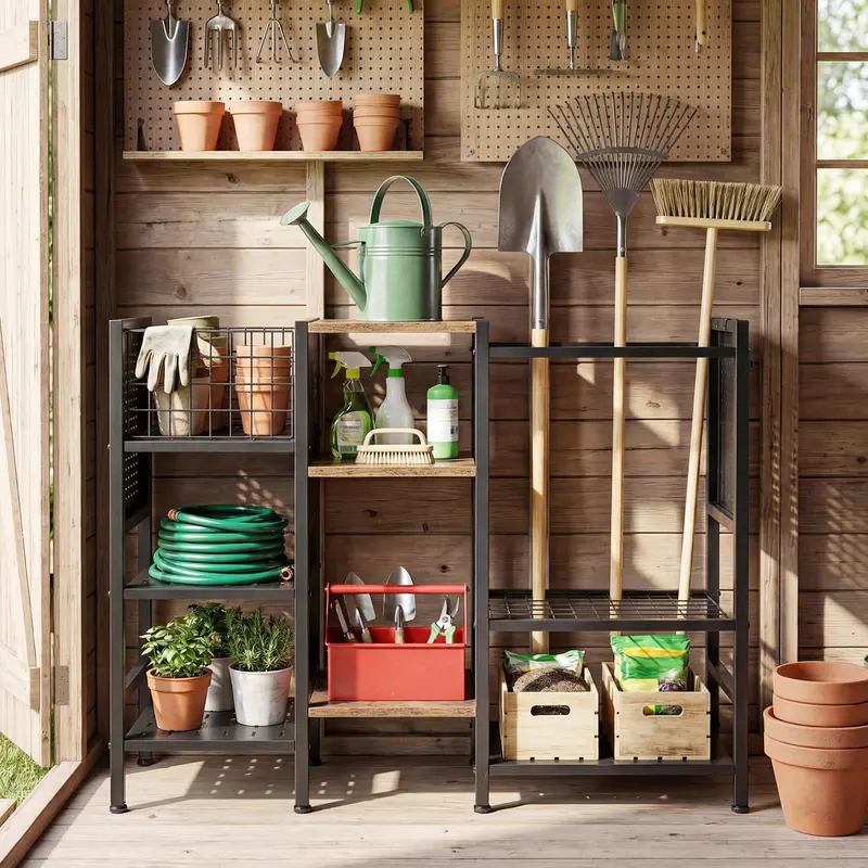 Three-Tier Garden Tool Organizer – 40-Inch Wide Wall-Mounted Rack with Natural Wood Shelves