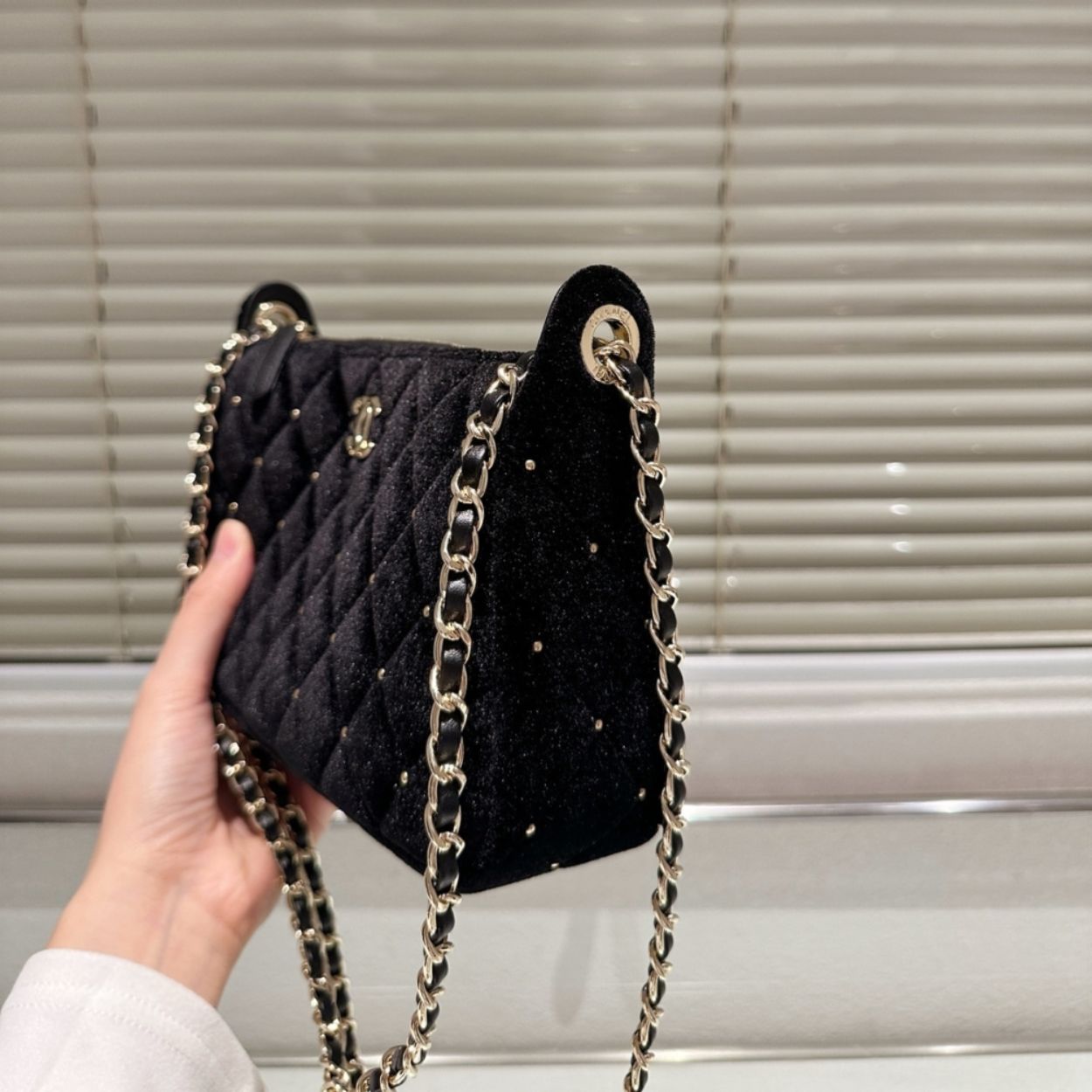 Chanel Velvet Crystal Quilted Chain Hobo Bag In Black 8.7 Inches AP4861 B17652 93405