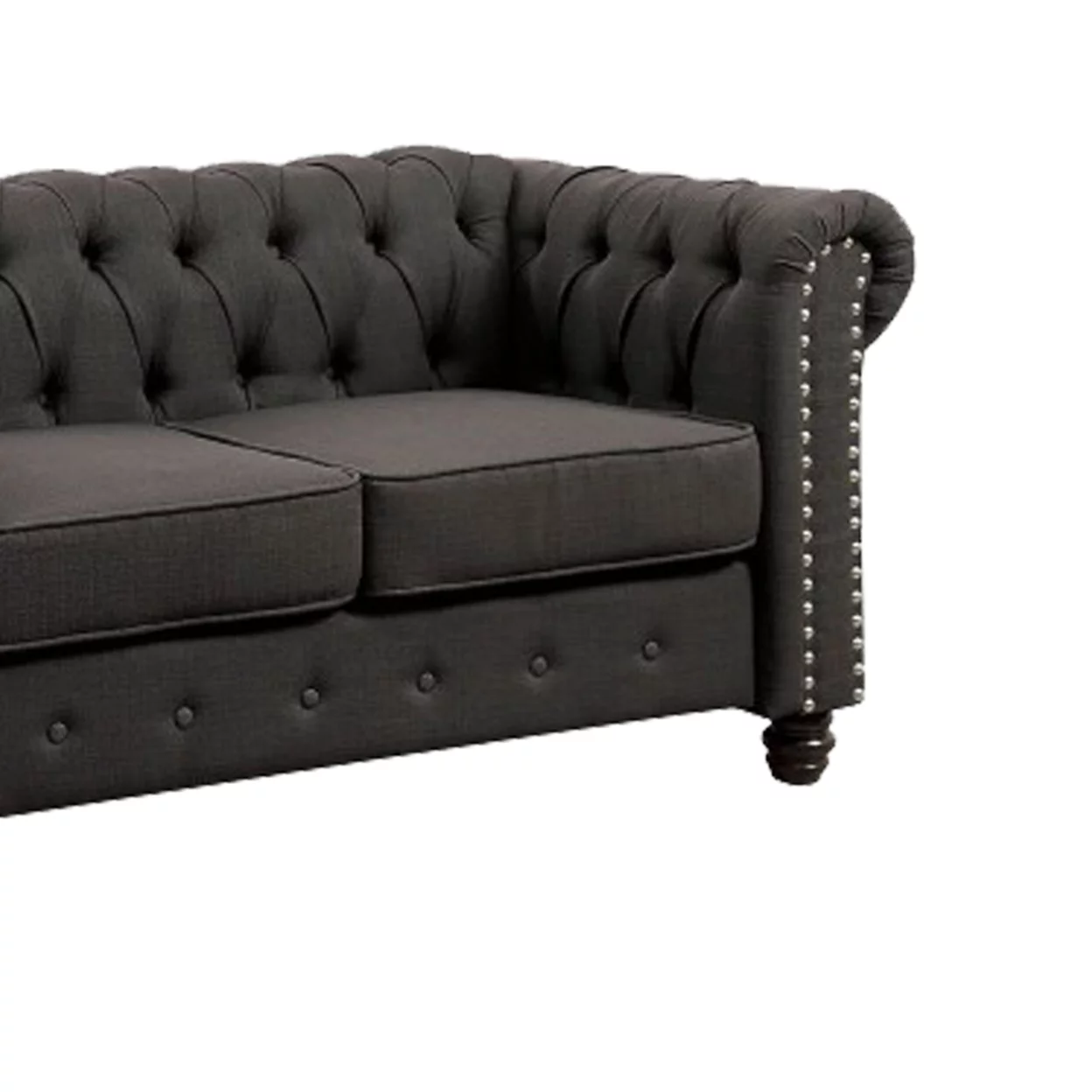 Fabric Upholstered Chesterfield Loveseat with Nailhead Trims, Gray- Saltoro Sherpi