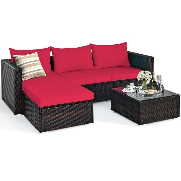 5PCS Patio Rattan Furniture Set Sectional Conversation Sofa w/ Coffee