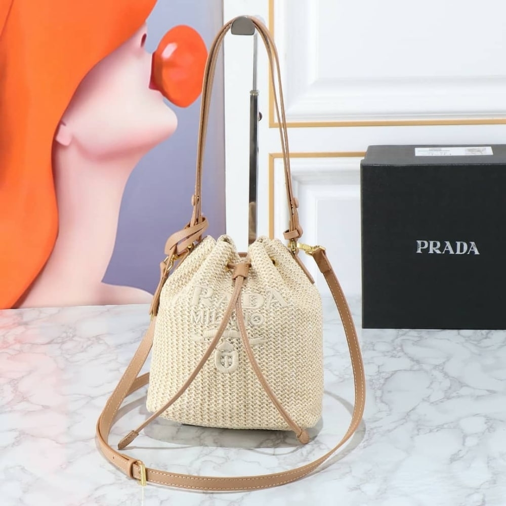 Prada Crochet Bucket Bag Beige 24cm 1BE068 2M2T F0018 V OUO