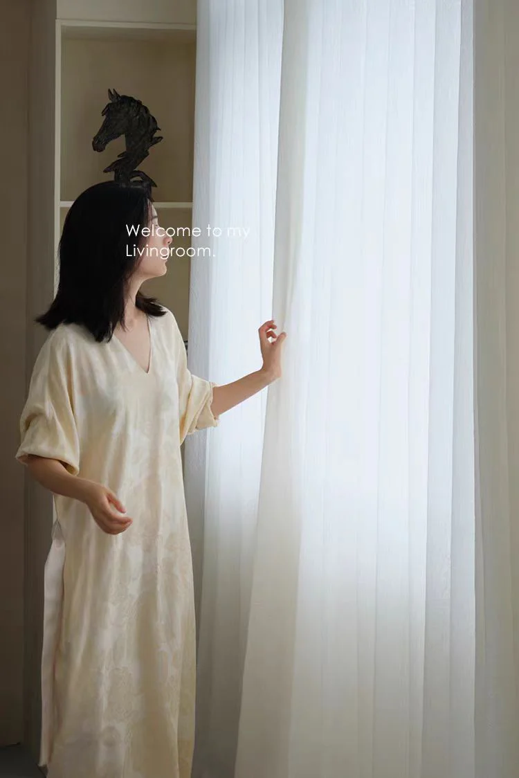 FS004 - Relief New Color! Cir@ Trudon French Antique Pearl White Translucent Floor-to-Ceiling Living Room Window Curtains Sheer Curtains
